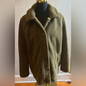 Garnet Hill Women’s Sherpa Button Up Lined Fleece Jacket Seam Detail Green (L)
